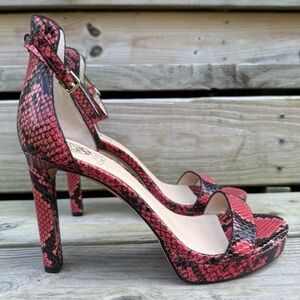 Vince Camuto Snakeskin Heels Pinkish Red Leather Balindia Stiletto Ankle Strap